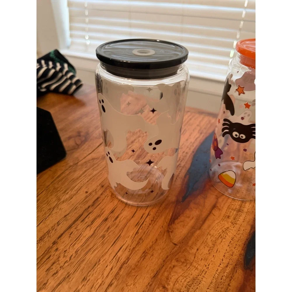Halloween Glass Can Cup Set 2 Ghost Pumpkin Witch Hat Iced Coffee Tumbler Lids